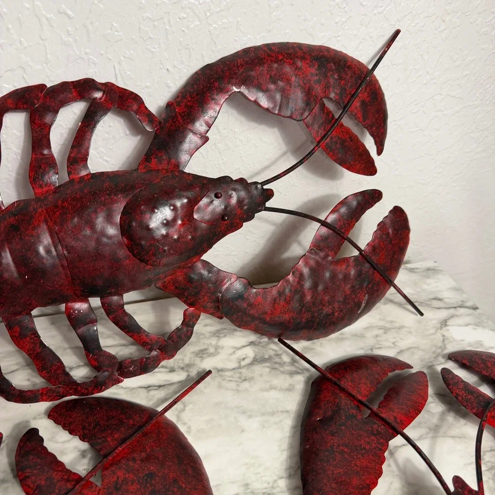 Set of 3 Metal Lobster Wall Art Decor Distressed Red Black Nautical Coastal 18in